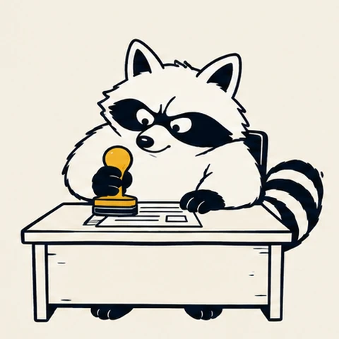Gerald approving his own paperwork with an oversized stamp