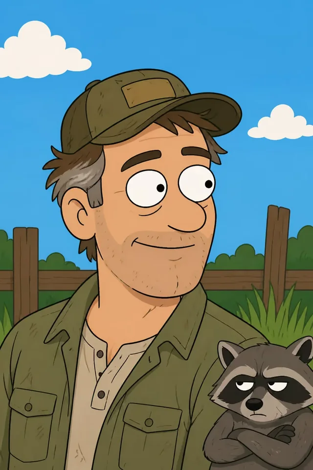 Cartoon portrait of a middle-aged man in a work shirt and a battered cap, standing at a garden fence with a thoroughly unimpressed raccoon under one arm.
