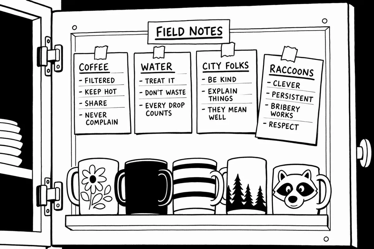 A fan of hand-lettered reference cards taped inside an open kitchen cabinet door above a row of mugs