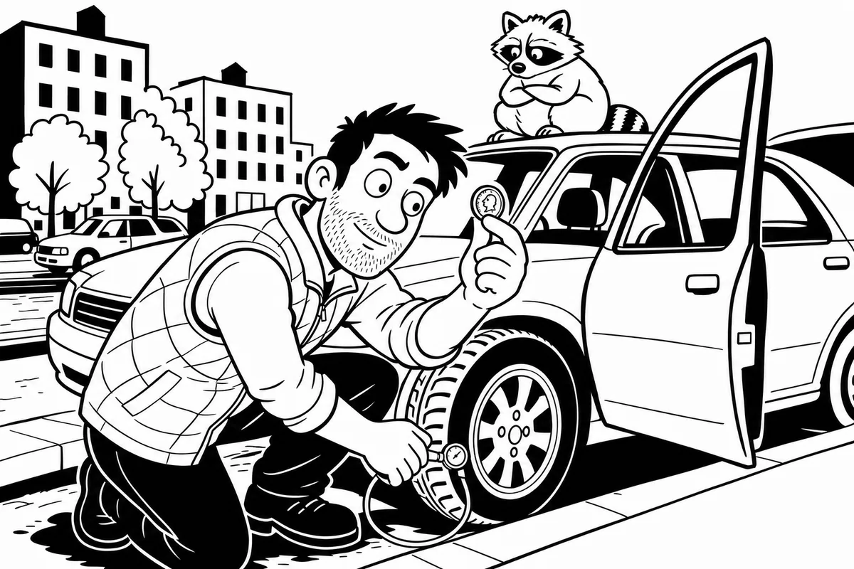 A man crouched at the kerb pressing a tyre gauge to a tyre, a penny held in his other hand