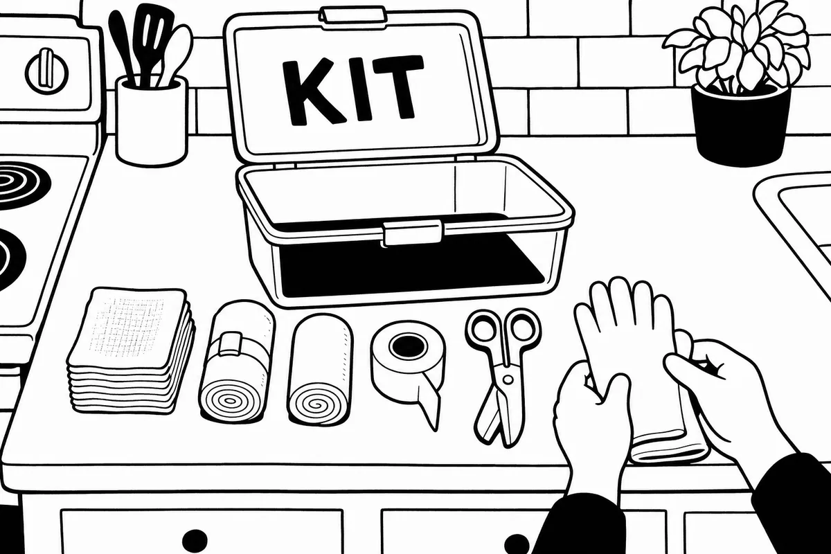 An open clear plastic first aid box on a kitchen counter with its contents laid out in neat rows