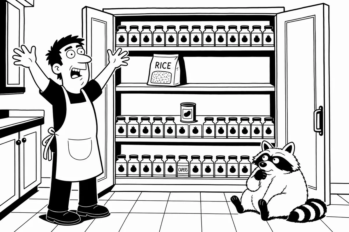 A man opening a pantry to find a front row of identical condiment jars and almost no food behind them