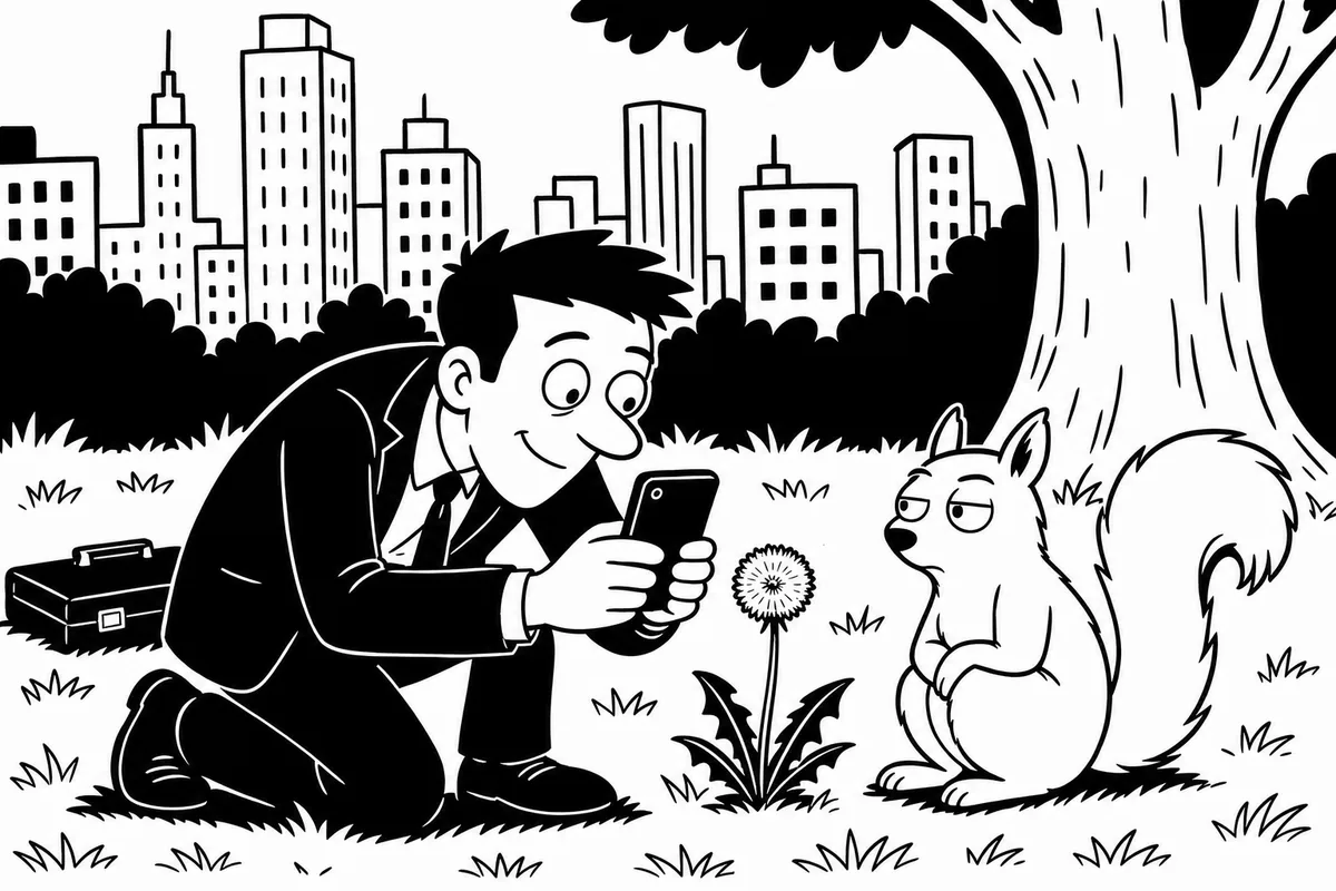 A man in a suit photographing a dandelion with his phone while a squirrel watches him with open contempt