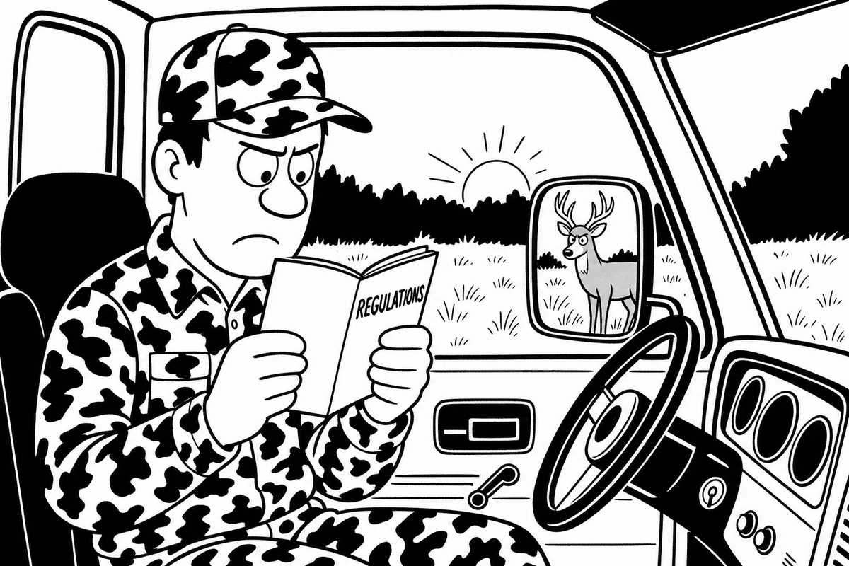 A man in brand-new camouflage reading a regulations booklet in a truck while a deer stands in the mirror behind him