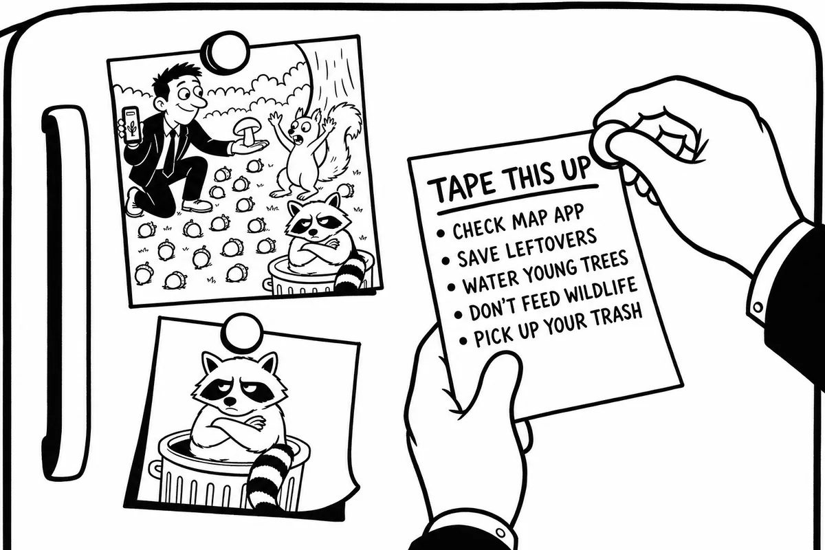 A hand pinning a photocopied reference card to a refrigerator door with a magnet
