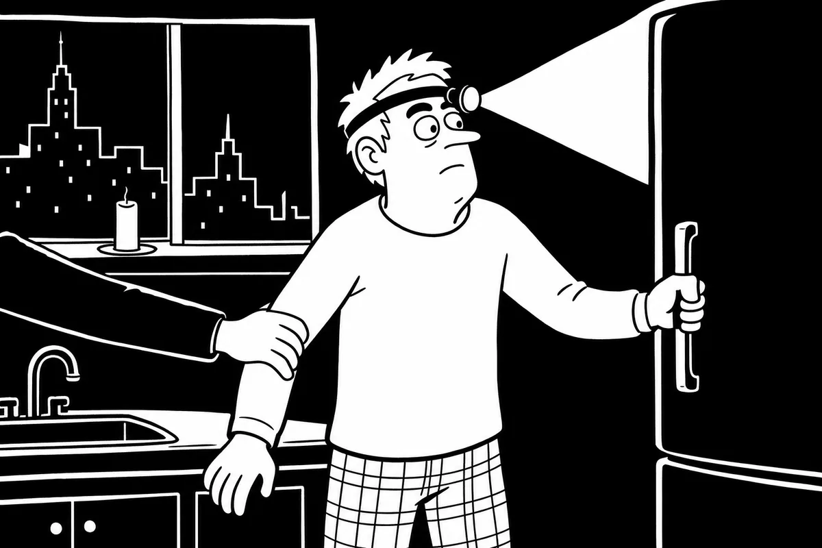 A dark apartment lit by one headlamp beam, a hand stopping someone from opening the refrigerator