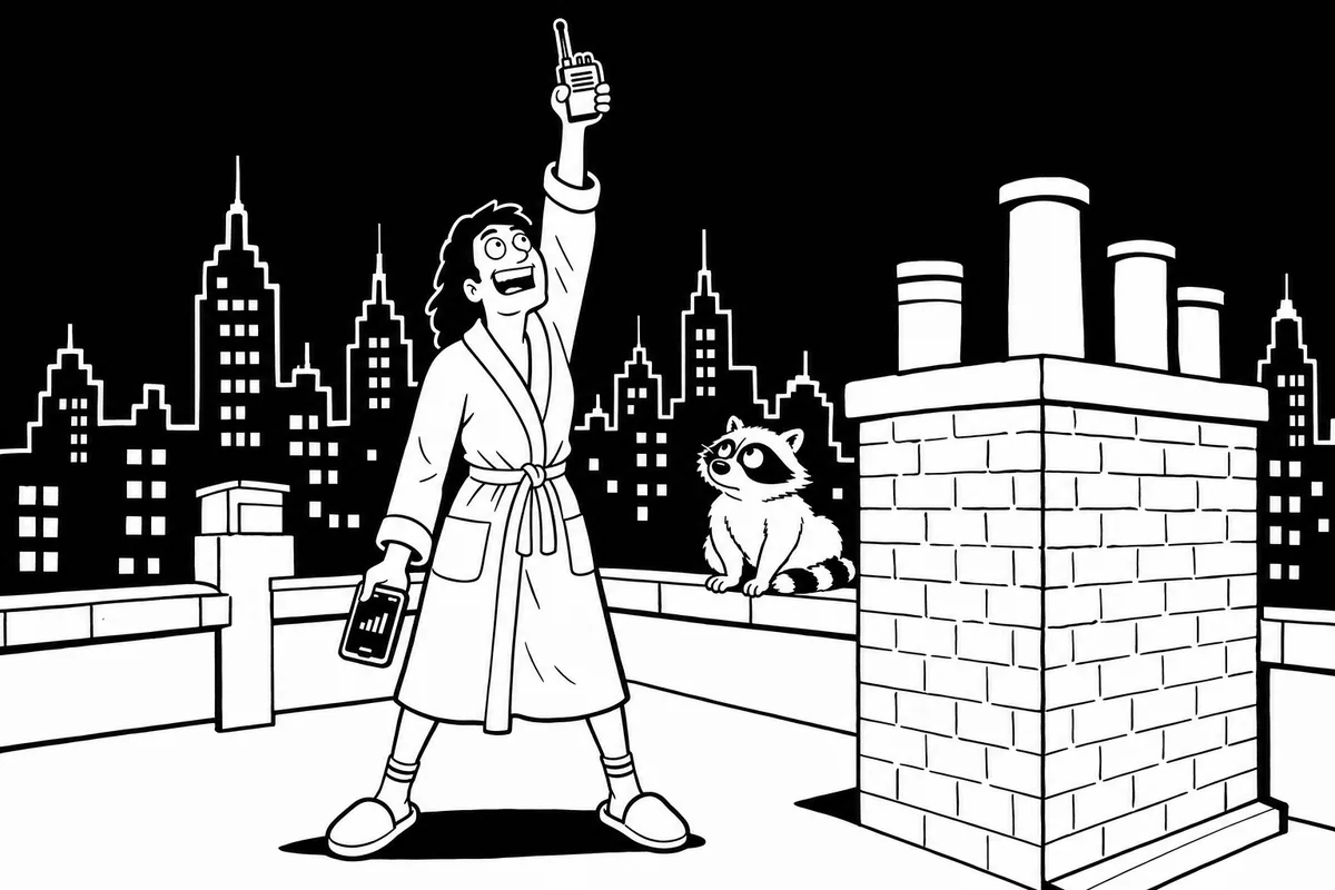 A person on a rooftop holding up a handheld radio, a phone in the other hand showing no signal