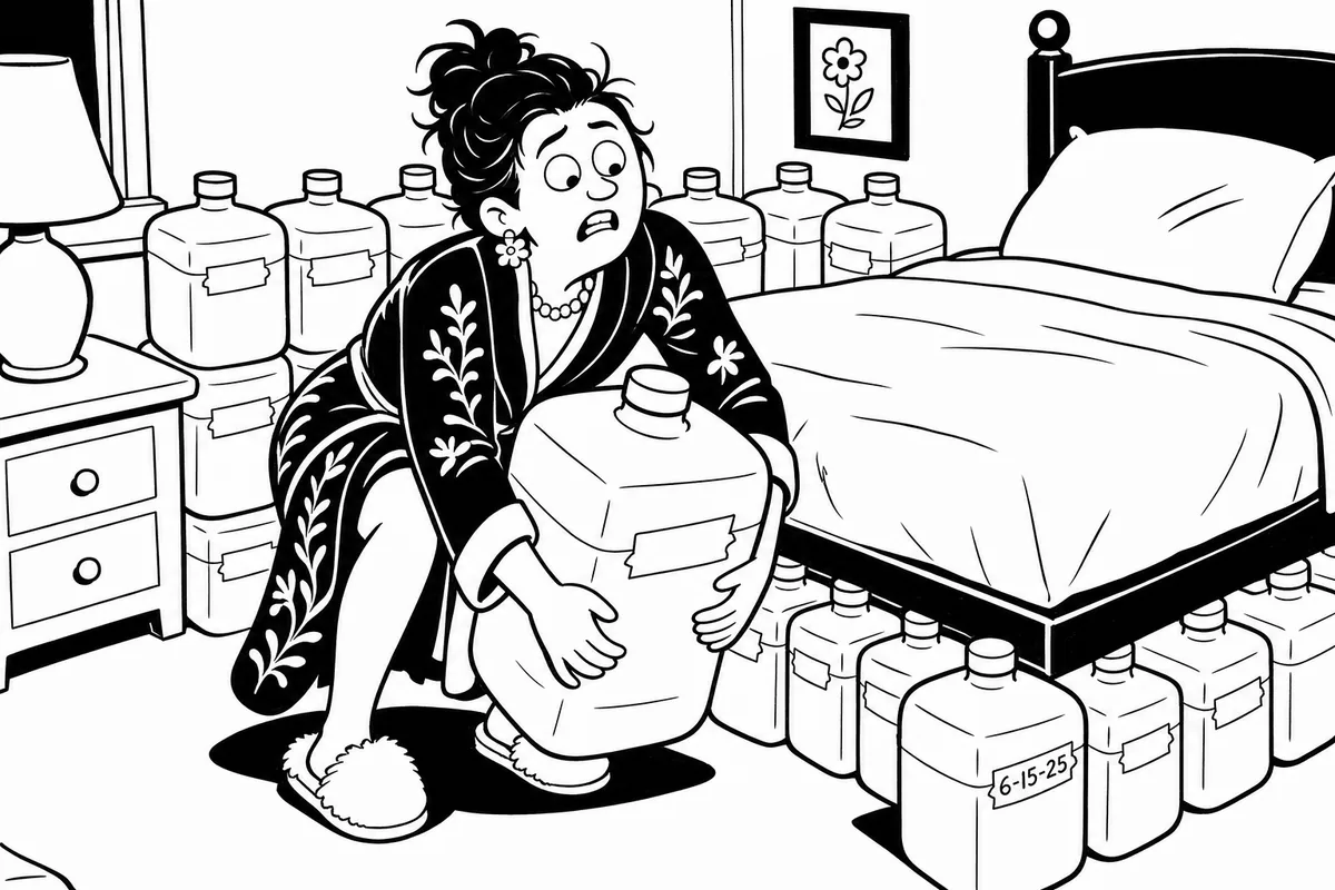A person straining to lift one of many stacked and dated water containers from under a bed
