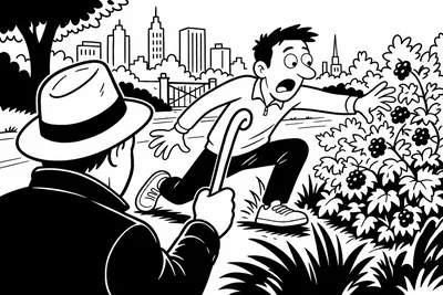 Chapter opener — a man in pressed weekend athleisure lunging at a roadside shrub, mouth open; Buck’s arm entering frame with a walking stick.