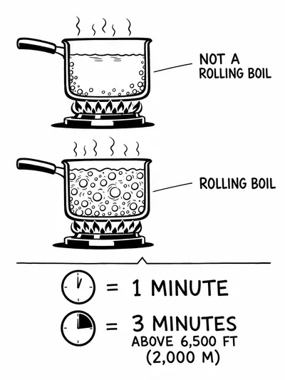 Two labeled pot cross-sections — “NOT A ROLLING BOIL” (perimeter bubbles, shimmer) vs. “ROLLING BOIL” (full-surface churn); beneath.