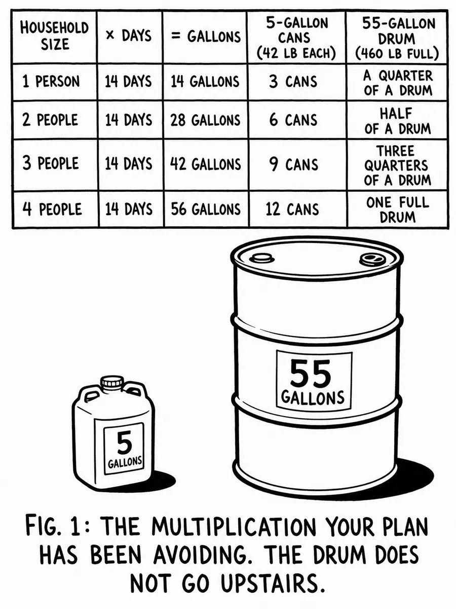 Storage math table — household size × days × gallons, with full-container weights alongside; a silhouetted 5-gallon can and 55-gallon drum for scale.