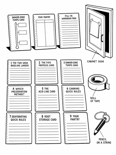 Card deck introduced as an object — nine numbered tear-out cards laid flat in two rows on a bare table, each with a heavy border.