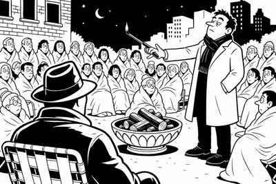 Chapter opener — a city courtyard at night, forty residents in blankets ringed around an unlit decorative fire bowl.