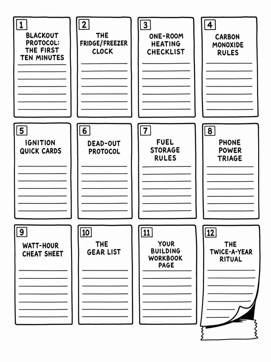 Appendix’s twelve cards laid out flat on a plain workbench, seen square from above in a grid.