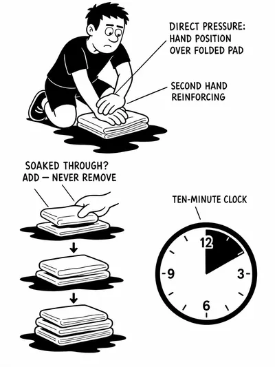 DIRECT PRESSURE: hand position over folded pad, second hand reinforcing, “SOAKED THROUGH? ADD — NEVER REMOVE” layering figure, ten-minute clock.