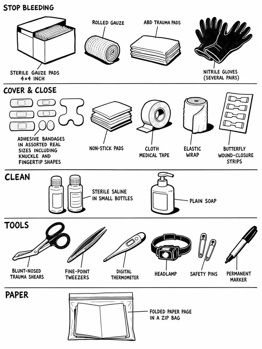 “THE WORKING KIT” laid out and labeled by the five jobs — STOP BLEEDING / COVER & CLOSE / CLEAN / TOOLS / PAPER, each item named; no gags.