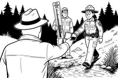 Chapter opener — a pond at gray dawn — a man in immaculate technical apparel holds a fishing rod still zip-tied to its retail packaging.