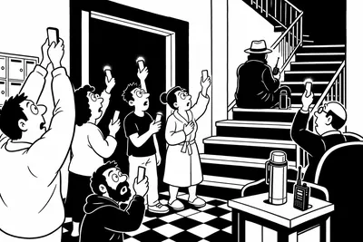 Chapter opener — a pitch-dark apartment lobby lit only by dozens of phone flashlights held aloft like votive candles.