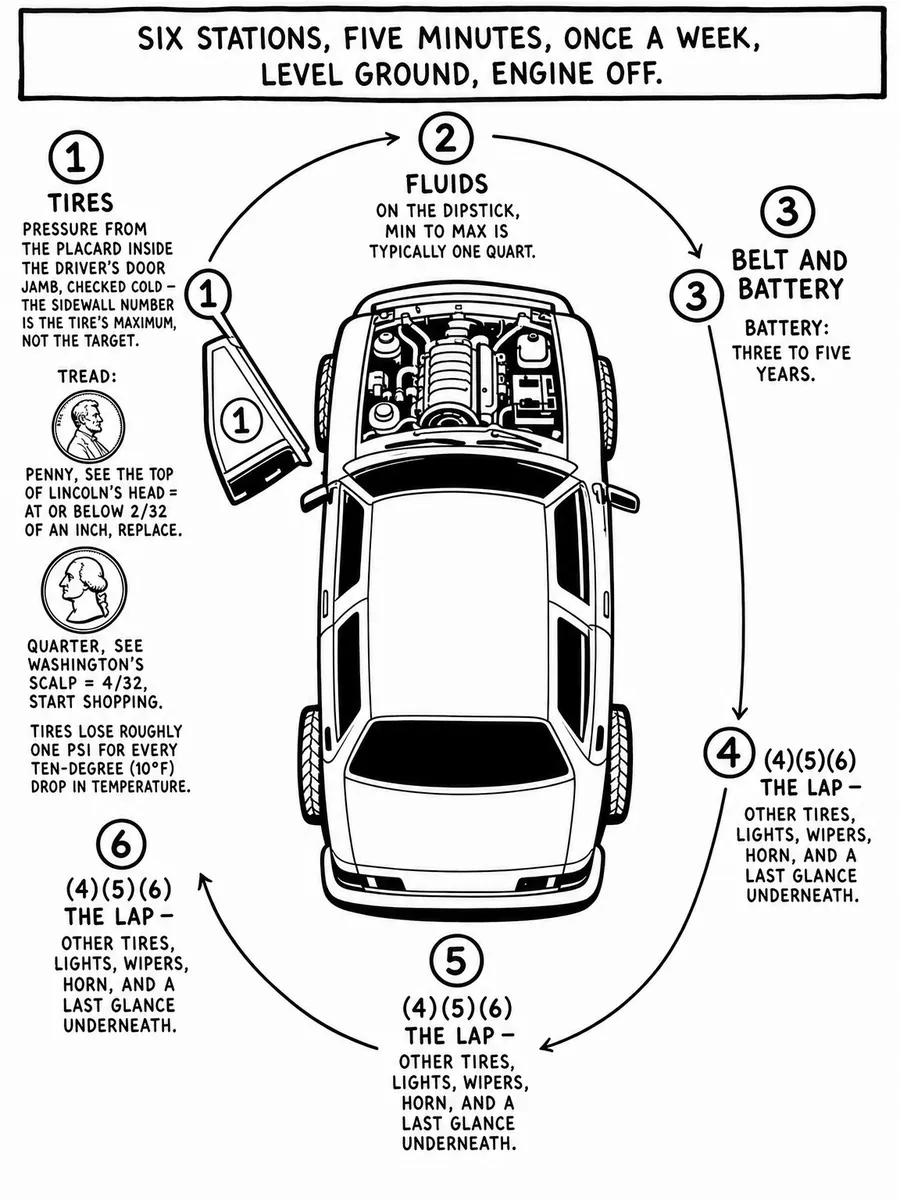 Top-down view of a car with a numbered orbit — (1) driver’s front tire, (2) under-hood fluids, (3) belt & battery, (4) passenger side tires, (5) rear.