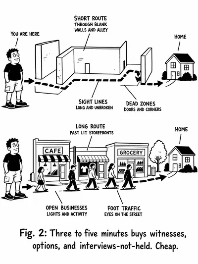 Two routes home on the same map — the short route through blank walls and an alley, annotated with sight lines and dead zones.