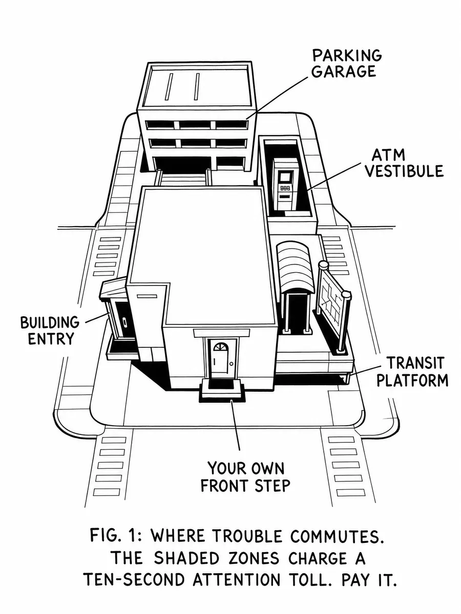 Bird’s-eye city block with transitional spaces shaded and labeled — parking garage, ATM vestibule, transit platform, building entry.