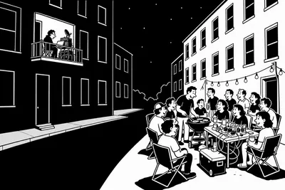 Chapter opener — a dark residential street at night, two nearly identical apartment buildings facing each other.