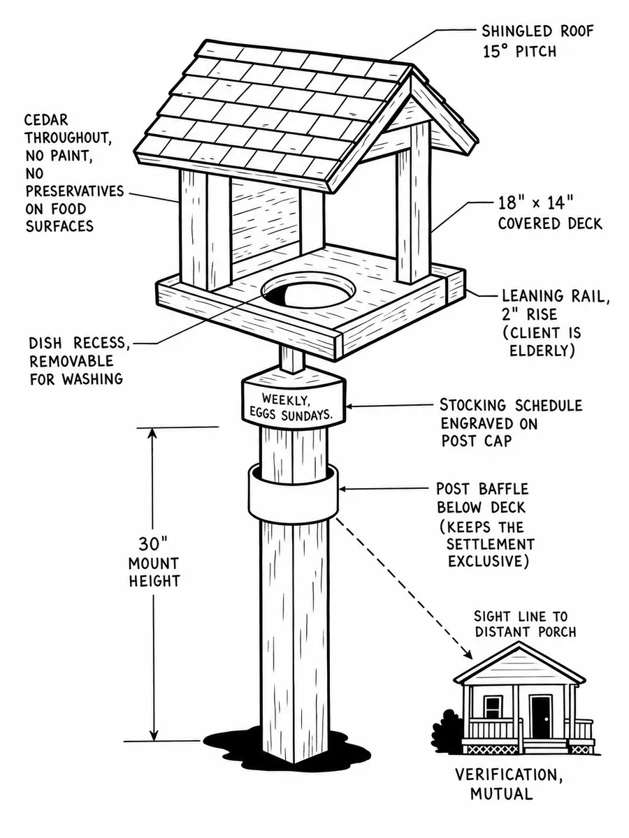 Small covered feeding station on a 4×4 post. Callouts — shingled roof, 15° pitch, 18” × 14” covered deck; cedar throughout, no paint.